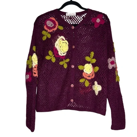Vintage Crochet Floral Cardigan Purple Appliqué Boho Cottagecore Sz M - Picture 6 of 13